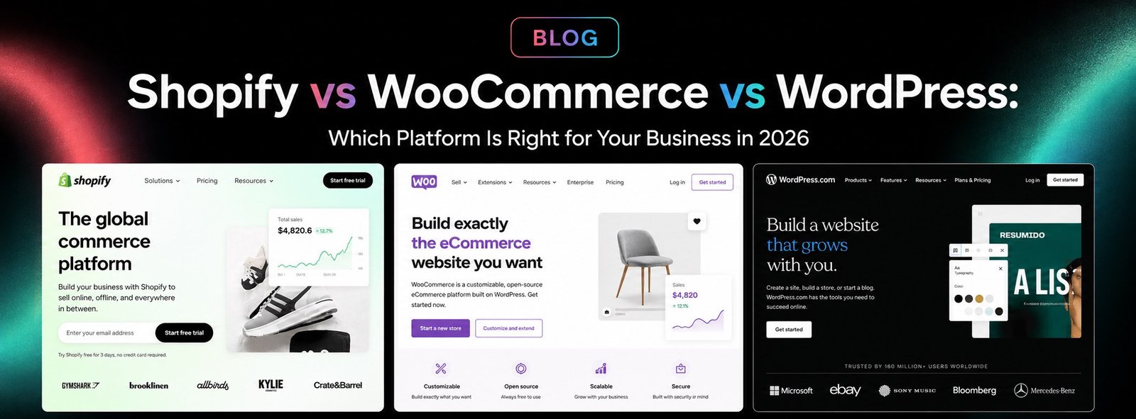 Shopify vs WooCommerce vs WordPress comparison graphic