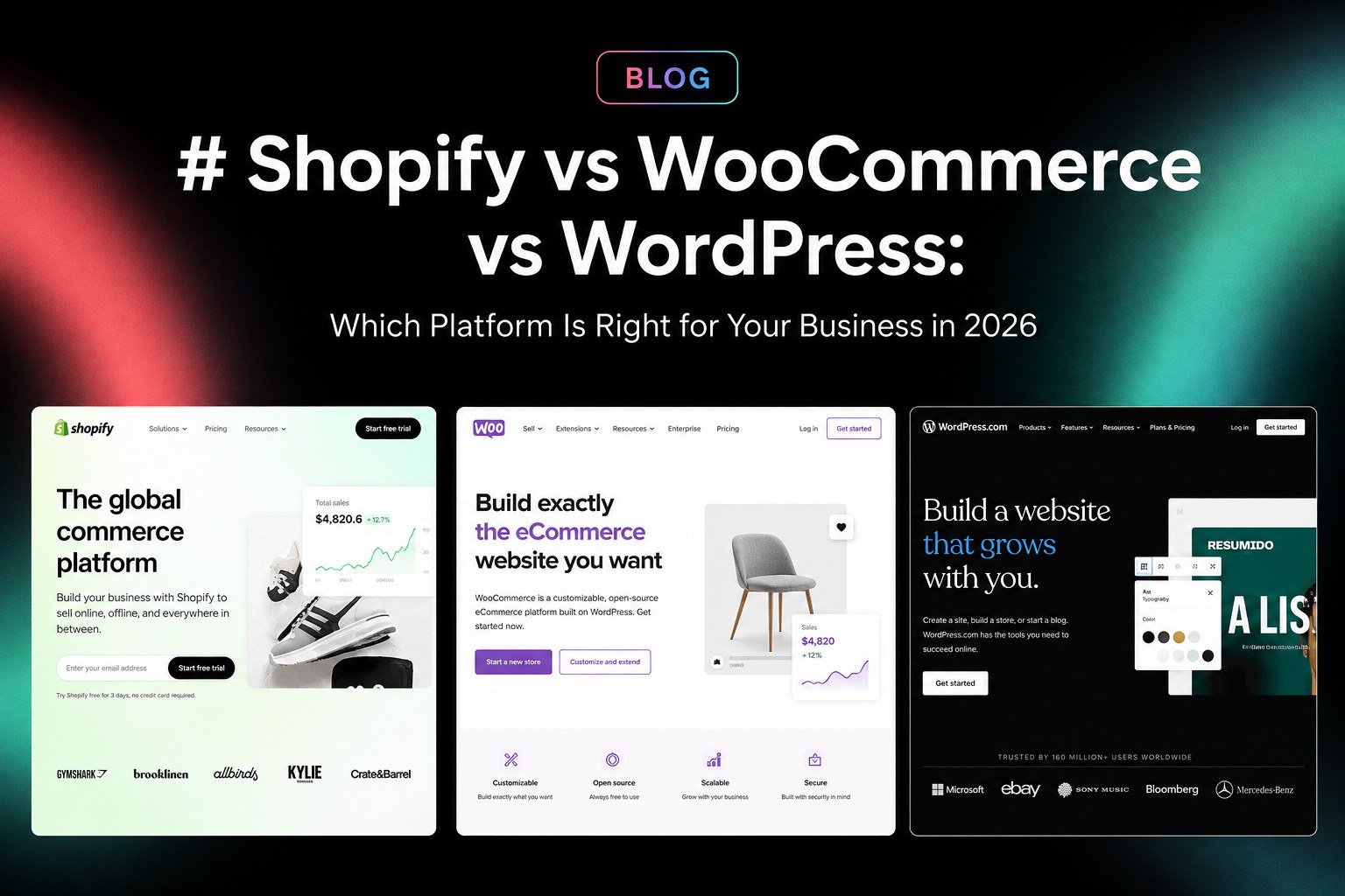 Shopify vs WooCommerce vs WordPress comparison graphic