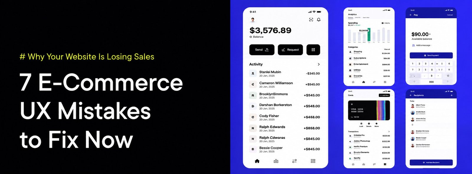 E-commerce UX mistakes graphic with phone app mockups