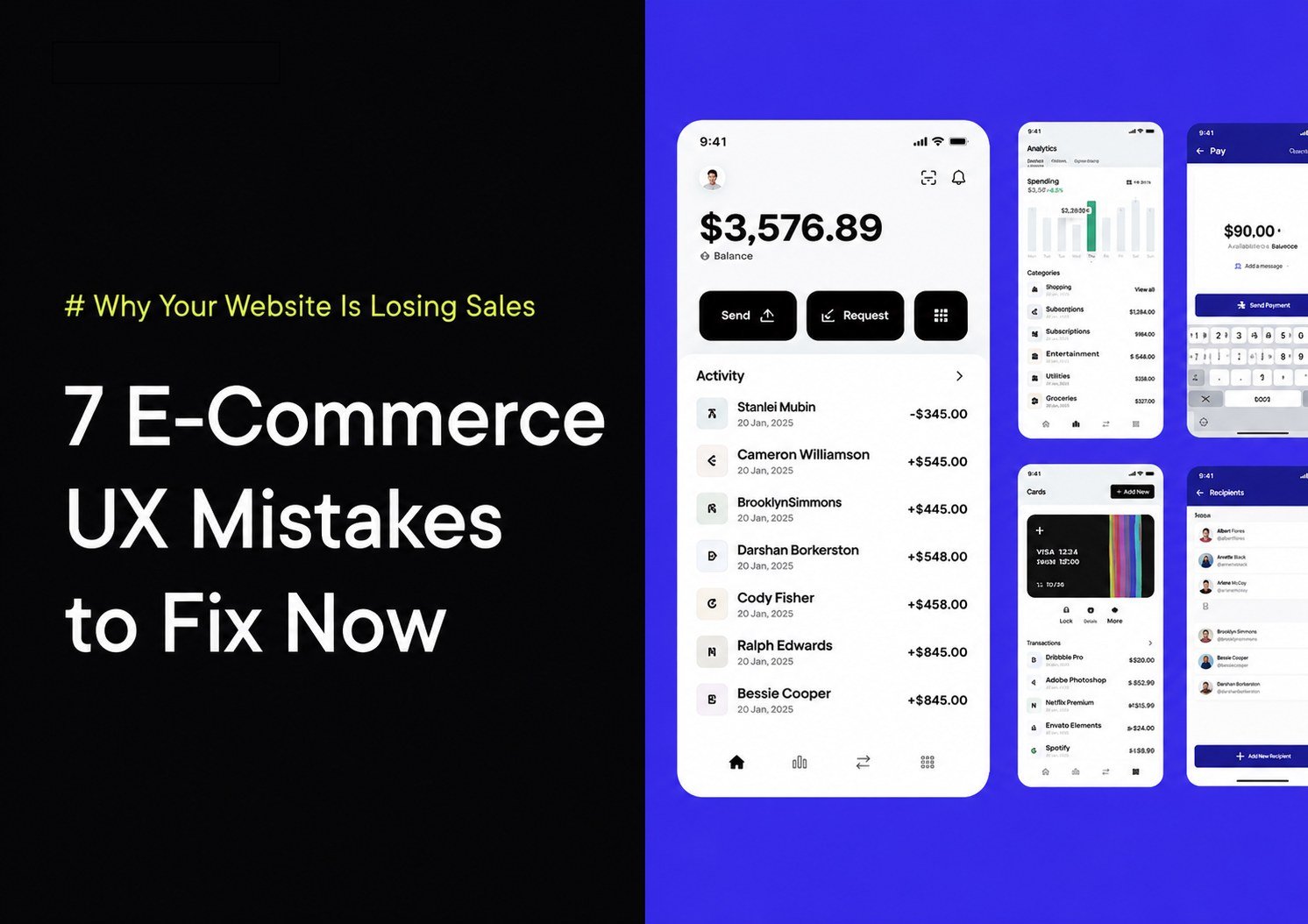 E-commerce UX mistakes graphic with phone app mockups
