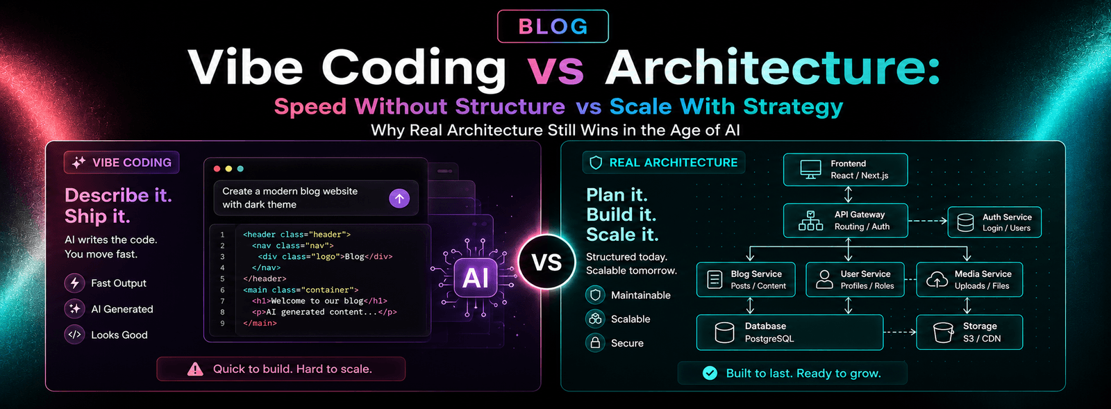 Vibe coding vs real web architecture comparison graphic